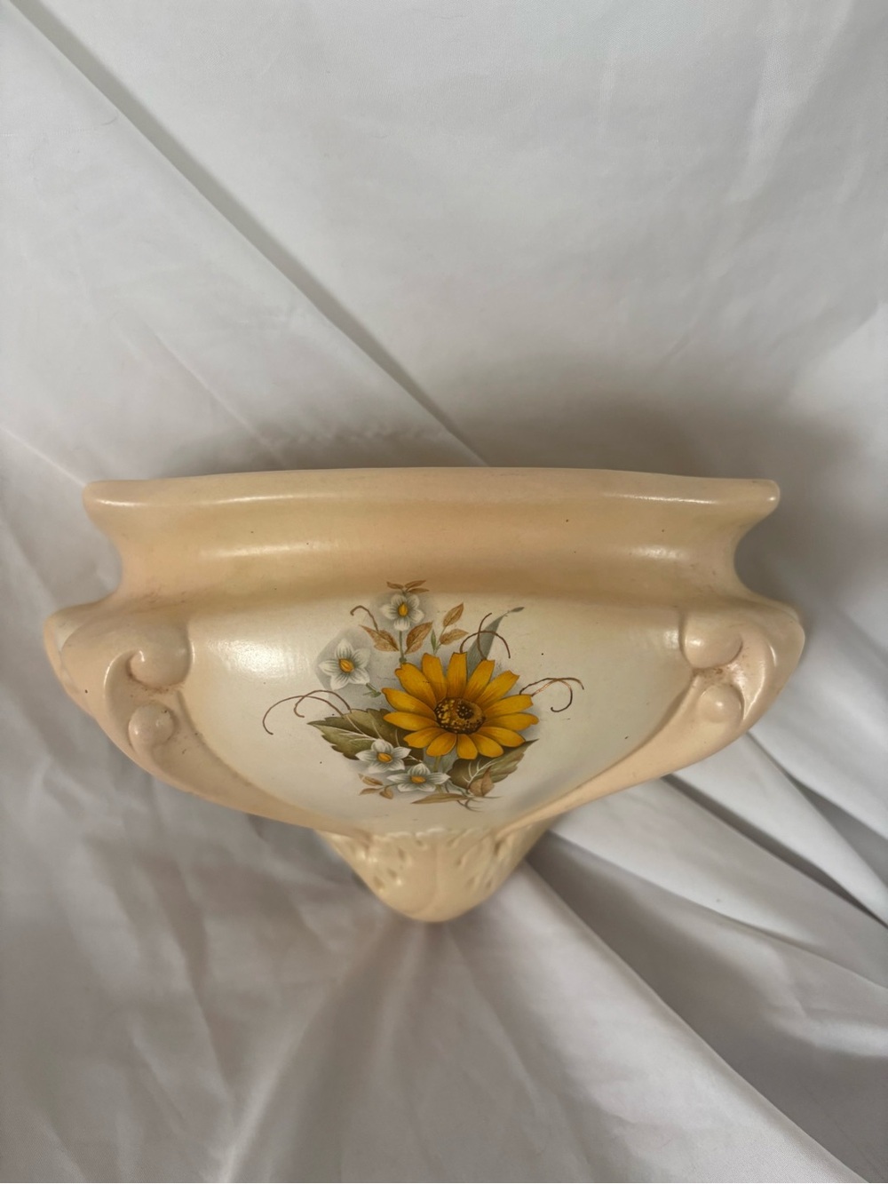 Vintage ceramic wall pocket vase Holland mold cream floral sunflower painted